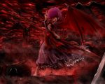  1girl alternate_costume blood chama_painter demon glowing glowing_eyes highres horns injury middle_finger polearm purple_hair remilia_scarlet scythe solo spear spear_the_gungnir sword torn_clothes touhou weapon wings 