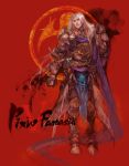  armor blue_eyes boots chang fantasy full_armor gauntlets greaves highres long_hair male pixiv_fantasia pixiv_fantasia_5 red red_background scarf solo standing tabard title_drop white_hair 