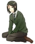  androgynous bad_id bangs black_hair bob_cut fate/stay_night fate/zero fate_(series) green_eyes kneeling male parted_bangs shoko_makiko short_hair simple_background solo waver_velvet white_background 