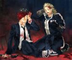  blonde_hair blood collaboration dorohedoro earrings formal hammer icym jewelry limits_hys mask necktie no_glasses noi_(dorohedoro) red_eyes shin shoes sneakers suit suzuki_tsuta 