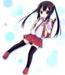  backpack bag black_hair black_legwear blush brown_eyes child flute hair_bobbles hair_ornament instrument k-on! long_hair nakano_azusa necktie open_mouth plaid plaid_skirt randoseru recorder red_eyes school_uniform skirt solo tamaran thigh-highs thighhighs twintails young zettai_ryouiki 