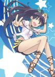  :d ankle_lace-up antenna_hair aqua_eyes black_hair blush bracelet cross-laced_footwear cross-laced_sandals earrings ganaha_hibiki hamuzou hoop_earrings idolmaster jewelry legs long_hair long_legs midriff mofu necklace open_mouth ponytail sandals shirt shorts smile solo star tank_top things v wind_lift 