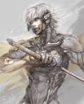  armor bust chang fighting_stance grey_eyes highres looking_at_viewer male mechanical_parts metal_gear metal_gear_solid raiden realistic silver_hair solo standing sword weapon 