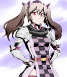  armor brown_hair checkered final_fantasy final_fantasy_xi hat himekaidou_hatate kurirou paladin pointy_ears red_eyes smile solo tabard the_iron_of_yin_and_yang tokin_hat touhou twintails 