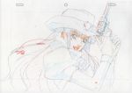  cowboy_hat gun hat highres long_hair macross macross_frontier macross_frontier:_itsuwari_no_utahime production_art revolver sheryl_nome sketch weapon 