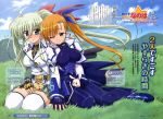  2girls asteion belt blonde_hair blue_eyes blush bodysuit bow bunny cat einhart_stratos female fingerless_gloves fujima_takuya gloves grass green_eyes green_hair hair_ribbon hand_holding heterochromia holding_hands jacket leaning lyrical_nanoha magazine_scan mahou_shoujo_lyrical_nanoha mahou_shoujo_lyrical_nanoha_a's mahou_shoujo_lyrical_nanoha_a's_portable:_the_gears_of_destiny mahou_shoujo_lyrical_nanoha_vivid multiple_girls official_art pleated_skirt ponytail purple_eyes rabbit red_eyes ribbon sacred_heart shinozaki_akira side_ponytail sitting skirt smile stuffed_animal stuffed_toy thigh-highs thighhighs translation_request twintails violet_eyes vivio white_legwear wink yuri zettai_ryouiki 