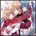  2girls ahoge aqua_eyes aqua_hair bad_id blonde_hair coat gloves hair_ornament hair_ribbon hairclip hatsune_miku kagamine_len kagamine_rin long_hair multiple_girls open_mouth ribbon scarf shared_scarf smile snowflakes twintails vocaloid wink winter yuuduki_lily yuuzuki_lily 