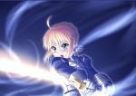  ahoge aqua_eyes armor armored_dress blonde_hair dress excalibur fate/stay_night fate/zero fate_(series) gauntlets glowing glowing_sword glowing_weapon green_eyes hair_ribbon ribbon saber solo sword takuya_kame weapon 