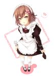  apron blush boku_wa_tomodachi_ga_sukunai bow brown_eyes brown_hair dress_grab floral_background flower flying_sweatdrops from_above hair_flower hair_ornament kouji_(campus_life) kusunoki_yukimura looking_at_viewer maid maid_headdress open_mouth ribbon short_hair simple_background solo speech_bubble tears thigh-highs thighhighs white_background white_legwear 