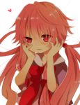  1girl bow gasai_yuno hair_bow hands_on_own_cheeks hands_on_own_face heart heart-shaped_pupils mirai_nikki nayu_(rhododendron) pink_hair red_eyes solo symbol-shaped_pupils 