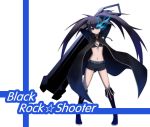  bikini_top black_hair black_rock_shooter black_rock_shooter_(character) blue_eyes blue_fire boots fire flat_chest front-tie_top glowing glowing_eye gun highres kenneth_(qq) long_hair midriff navel scar shiny shiny_skin shorts solo trench_coat twintails weapon 