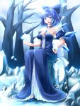  adult bare_shoulders branch breasts butterfly cirno cleavage detached_collar detached_sleeves dress gin_kagami hand_on_hip high_heels highres hips jewelry necklace open_mouth siromiza sitting sky slow smile snow solo touhou tree 