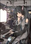  bare_shoulders coffee detached_sleeves digital_media_player ginbato green_eyes green_hair guitar hatsune_miku headphones instrument ipod long_hair smile solo speaker twintails vocaloid 