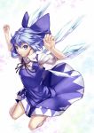  arms_up bare_legs barefoot blue_dress blue_eyes blue_hair bow cirno dress hair_bow hands ice ice_wings jumper looking_at_viewer neck_ribbon ribbon short_hair snowflakes solo sukocchi teenage touhou wings 