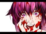  blood blood_on_face blood_on_hair bloody_tears close-up crazy_eyes face gasai_yuno highres letterboxed mine_(wizard) mirai_nikki purple_eyes purple_hair smile solo tongue translated violet_eyes yandere 