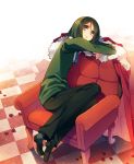  androgynous black_hair cape chair checkered checkered_floor fate/stay_night fate/zero fate_(series) green_eyes green_hair male necktie petals rugo solo trap waver_velvet 