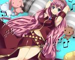  armpits blue_eyes breasts erect_nipples hair_ornament jewelry large_breasts long_hair lying megurine_luka musical_note navel pillow solo stuffed_animal stuffed_toy very_long_hair vocaloid yui_tooru 
