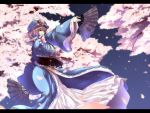  blue_dress blue_sky breasts cherry_blossoms dress dual_wielding fan hat huge_breasts japanese_clothes kimono letterboxed outstretched_arm petals pink_eyes pink_hair saigyouji_yuyuko sash sky solo tobisawa touhou tree wallpaper 
