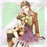  2girls ;d alvin_(tales_of_xillia) animal_ears bike_shorts black_gloves blonde_hair bolero boots bow brown_eyes brown_hair bunny_ears coat cropped_jacket dress elise_lutas elise_lutus flower frills gloves green_eyes hair_flower hair_ornament hair_ribbon hairband hand_on_waist height_difference leia_roland multiple_girls open_mouth pants pokopoko_pon ribbon ruffles short_hair sitting sitting_on_lap sitting_on_person size_difference smile tales_of_(series) tales_of_xillia title_drop wink 