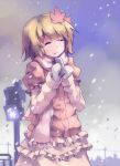 aki_shizuha alternate_costume blonde_hair can hair_ornament leaf leaf_on_head light_smile mittens nodata scarf short_hair skirt smile snow snowflakes snowing solo touhou traffic_light winter winter_clothes 