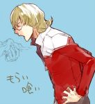  bad_id barnaby_brooks_jr blonde_hair eating glasses hands_on_hips jacket male medori open_mouth red_jacket solo tiger_&amp;_bunny 