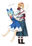  alice_margatroid aqua_eyes back-to-back barefoot black_legwear blonde_hair blue_eyes blue_hair blush boots bow capelet cirno dress fang grin hair_bow hairband multiple_girls nabeshima_tetsuhiro perfect_cherry_blossom ribbon scarf short_hair sketch smile touhou translated translation_request wings 