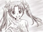  1girl bust drawfag fate/stay_night fate/zero fate_(series) hair_ribbon long_hair monochrome outstretched_hand ribbon sketch solo sweater tohsaka_rin toosaka_rin turtleneck twintails young 