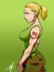  blonde_hair breasts capcom cosplay daniel_macgregor genderswap guile large_breasts lips military muscle ponytail profile solo street_fighter tattoo 