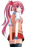  attsun_(atsushi_jb) blush copyright_request hands looking_back open_mouth pink_eyes pink_hair ponytail skirt solo thigh-highs thighhighs 