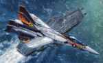  absurdres aircraft_carrier airplane choujikuu_yousai_macross cockpit flying helmet highres jet macross mecha ocean official_art oldschool pilot_suit prometheus_(ship) realistic scan science_fiction ship tenjin_hidetaka u.n._spacy vf-1 vf-1a water 