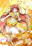  boots brown_hair bubble_skirt cure_muse cure_muse_(yellow) dress hair_ribbon heart long_hair magical_girl mousoup musical_note orange_(color) orange_background orange_dress pink_eyes precure ribbon shirabe_ako skirt solo staff_(music) suite_precure treble_clef very_long_hair 