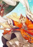  blonde_hair blue_eyes flower frills gathers hair_flower hair_ornament hanbok korean_clothes long_hair obsidian24 petals seeu solo very_long_hair vocaloid wind 