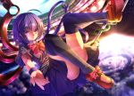  asymmetrical_wings bow cloud convenient_leg floating frills houjuu_nue looking_at_viewer polearm purple_eyes purple_hair ryosios smile solo space spear star_(sky) thigh-highs thighhighs touhou trident violet_eyes weapon wings wristband 