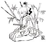  bad_id fujiwara_no_mokou hakama hime_cut japanese_clothes katana monochrome ponytail seiza serious sitting sketch solo sword tora_jun touhou weapon 
