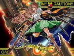  alternate_weapon arm_cannon boots bow brown_hair caution caution_tape english gun hair_bow hands long_hair mechanical_wings potato_pot radiation_symbol red_eyes reiuji_utsuho solo touhou weapon wings 