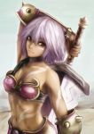  .hack .hack//games 1girl arm_behind_head black_rose_(.hack//) bodypaint dark_skin facial_hair huge_weapon lavender_hair light_smile navel purple_hair red_eyes short_hair smile solo sword tattoo vambraces weapon yosa 