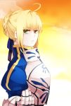  1girl ahoge armor blonde_hair dress fate/stay_night fate_(series) gauntlets green_eyes hair_ribbon outstretched_hand ribbon saber zorim 