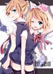 back-to-back black_legwear blonde_hair brother_and_sister cellphone fang hair_ornament hair_ribbon hairclip kagamine_len kagamine_rin kouko looking_back necktie open_mouth phone ribbon school_uniform short_hair shorts siblings smile thigh-highs thighhighs twins vocaloid wink 