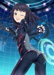  ;d ass black_eyes black_hair bodysuit fingerless_gloves gloves guilty_crown highres long_hair open_mouth shouin smile tsugumi tsugumi_(guilty_crown) wink 