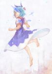  bad_id barefoot blue_eyes blue_hair bow cirno dress hair_bow highres looking_back poetrywing short_hair solo touhou wings 