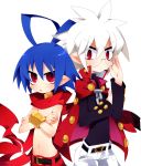  adjusting_glasses albino antenna_hair bad_id belt blue_hair cape crossed_arms disgaea glasses laharl makai_senki_disgaea makai_senki_disgaea_3 male mao mao_(disgaea) multiple_boys mushimaro no_pupils pointy_ears red_eyes scarf shirtless slit_pupils spiked_hair spiky_hair white_hair 
