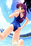  absurdres adjusting_swimsuit amazuyu_tatsuki ass barefoot braid copyright_request highres kneeling long_hair looking_back purple_hair solo water 