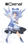  absurdres adapted_costume blue_eyes blue_hair bracelet character_name checkered checkered_legwear cirno gloves highres horarezonu ice ice_skates ice_sword ice_wings jewelry mismatched_legwear nail_polish necklace open_mouth pantyhose short_hair single_glove skates solo sword touhou weapon wings 