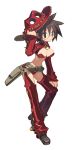  bag belt bolero breasts brown_hair cleavage cowboy_hat cowgirl cropped_jacket disgaea glasses gunslinger_(disgaea) harada_takehito hat holding holding_hat large_breasts makai_senki_disgaea_3 official_art red_eyes red_legwear shoes short_hair smile solo spiked_hair spiky_hair thigh-highs thighhighs 