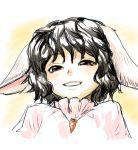  animal_ears black_hair bunny_ears dress face inaba_tewi jewelry looking_at_viewer pendant pink_dress portrait red_eyes rough shiba_itsuki short_hair smile solo touhou wavy_hair 