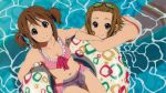 2girls afloat alternate_hairstyle artist_request bikini bikini_skirt breasts cleavage cute frilled_bikini frills from_above goggles goggles_on_head highres hirasawa_yui hobunsha innertube k-on! kyoto_animation light_smile looking_at_viewer looking_up multiple_girls official_art pink_bikini pool relaxing short_twintails striped striped_bikini striped_swimsuit swimming swimsuit tainaka_ritsu twintails water 