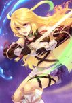  :o ahoge blonde_hair boots breasts choker gloves green_hair haku_(laterna_magica) highres long_hair milla_maxwell multicolored_hair open_mouth purple_eyes skirt solo sword tales_of_(series) tales_of_xillia taut_shirt tubetop two-tone_hair violet_eyes weapon 