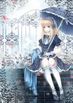  ankle_lace-up bad_id bird blonde_hair blue_eyes cross-laced_footwear dress fence garters gate gloves hairband highres kneehighs leaf lolita_hairband lolita_headband long_hair original petals shoes sitting smile solo stari umbrella 