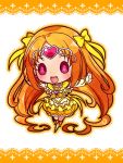  :d boots bow bubble_skirt chibi circlet cure_muse cure_muse_(yellow) dress frills gathers hair_ribbon happy heart katsuma_rei long_hair magical_girl open_mouth orange_dress orange_hair outstretched_arms precure purple_eyes ribbon ruffles shirabe_ako smile solo spread_arms standing_on_one_leg suite_precure violet_eyes 