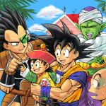  age_difference black_hair closed_eyes dragon_ball dragon_ball_z dragonball_z eyes_closed father_and_son kuririn laughing long_hair lowres male multiple_boys out_of_character piccolo raditz scouter siblings smile son_gohan son_gokuu spiked_hair spiky_hair stargeyser sweat tail 